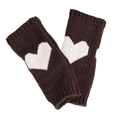 Coconut Brown Polyacrylonitrile Fiber Yarn Knitting Fingerless Gloves, Two Tone Winter Warm Gloves with Thumb Hole, Heart Pattern, Coconut Brown & White, 190x70mm