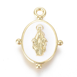 Blanc Plaqué or pendentifs en laiton émail, ovale avec vierge marie religion, blanc, 18.5x13x2mm, Trou: 1.6mm