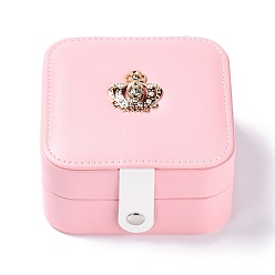 Pink PU Imitation Leather Jewelry Organizer Box, with Wood Inside, Velvet Covered, Portable Jewelry Storage Case, for Ring, Earrings and Necklace, Square with Crown, Pink, 11.2x11.4x5.9cm