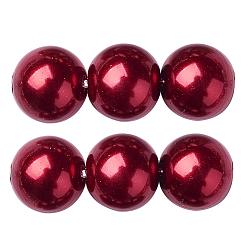 Dark Red Eco-Friendly Glass Pearl Beads Strands, Grade A, Round, Dyed, Cotton Cord Threaded, Dark Red, 10mm, Hole: 1.2~1.5mm, about 42pcs/strand, 15.7 inch