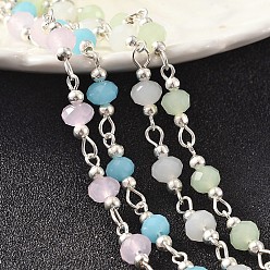 Mixed Color Silver Color Plated Brass Handmade Glass Beaded Chains, Unwelded, with Iron Beads, For Necklaces Bracelets Making, Mixed Color, 39.3 inch