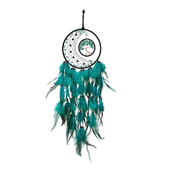 Dark Cyan Iron Woven Web/Net with Feather Pendant Decorations, with Plastic,  Synthetic Turquoise & Wood Beads, Covered with Leather and Brass Cord, Flat Round with Tree of Life & Moon, Dark Cyan, 600mm