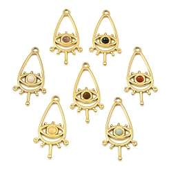Mixed Stone Natural Mixed Gemstone Teardrop Pendants, Ion Plating(IP) 316 Stainless Steel Melting Eye Charms, Real 24K Gold Plated, 30.5x14.5x2.5mm, Hole: 1.8mm