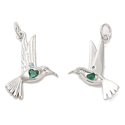 Real Platinum Plated Brass & Glass & Cubic Zirconia Pendants, Pigeon Charm, Real Platinum Plated, 18x17x2mm, Hole: 3mm