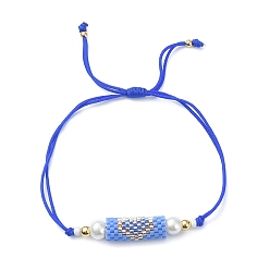 Bleu Bleuet Colonne de perles et de graines de verre avec bracelet à maillons en forme de cœur, bracelet réglable pour femme, bleuet, diamètre intérieur: 3/8~3-1/4 pouce (1~8.3 cm)