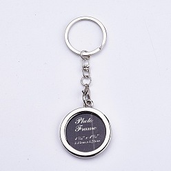 Platinum Mini Alloy Photo Frame Keychain, with Iron Rings and Chains, Flat Round, Platinum, 112mm, fit for 32mm photo