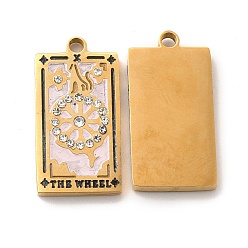Pink 304 Stainless Steel Pendants, with Enamel and Rhinestone, Golden, Rectangle with Tarot Pattern, The Wheel of Fortune X, Pink, 21x10.5x2mm, Hole: 1.5mm