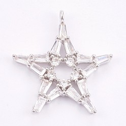 Platinum Brass Micro Pave Cubic Zirconia Pendants, Long-Lasting Plated, Star, Platinum, 24.5x22.5x3mm, Hole: 1.2mm