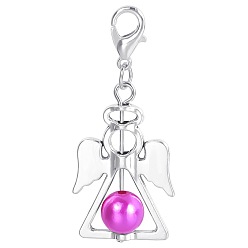 Orchid Alloy Angel Pendant Decorations, with CCB Imitation Pearl, Orchid, 4.4x1.9cm