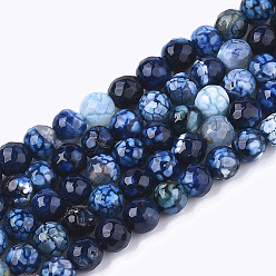 Dark Blue Natural Crackle Agate Beads Strands, Dyed, Faceted, Round, Dark Blue, 6mm, Hole: 1mm, about 63pcs/strand, 14.5 inch