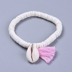Pearl Pink Cotton Thread Tassels Charm Bracelets, with Shell Beads and Cowrie Shell Beads, with Burlap Paking Pouches Drawstring Bags, Pearl Pink, 2 inch(5~5.1cm)