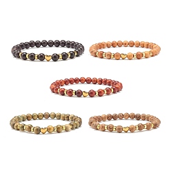 Mixed Color Natural Wood Round Beads Stretch Bracelet, Non-magnetic Synthetic Hematite Heart Beads Energy Power Bracelet for Women, Mixed Color, Inner Diameter: 2-1/4 inch(5.6cm)