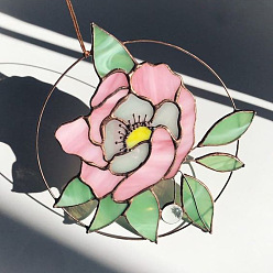 Pink Acrylic Pendant Decorations, Window Hanging Suncatcher, Flat Round with Flower Pattern, Pink, 150x2mm