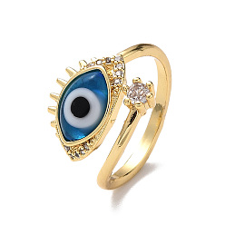 Светло-Голубой Открытое кольцо-манжета сглаз лэмпворк с прозрачным кубическим цирконием, настоящие позолоченные украшения из латуни для женщин, Небесно-голубой, внутренний диаметр: 18 мм