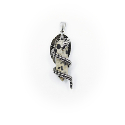 Далматинских Джаспер Двойные остроконечные подвески из натуральной далматинской яшмы, обереги дракона с граненой пулей, со сплавочной фурнитурой античного серебряного тона, 39x15 мм