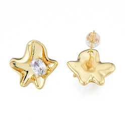 Golden Clear Cubic Zirconia Flower Stud Earrings, Brass Jewelry for Women, Nickel Free, Golden, 18x18mm, Pin: 0.7mm