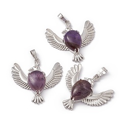Amethyst Natural Amethyst Pendants, Bird Charms, with Platinum Tone Brass Findings, Cadmium Free & Nickel Free & Lead Free, 36~37x37.5~38.5x9~9.5mm, Hole: 7.5x5mm