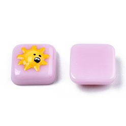 Plum Opaque Resin Enamel Cabochons, Square with Gold Sun, Plum, 15x15x6mm