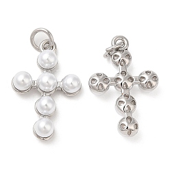 Platinum Brass Plastic Imitation Pearls Pendants, with Jump Ring, Cadmium Free & Lead Free, Long-Lasting Plated, Cross Charms, Platinum, 22x14.5x5mm, Hole: 3mm