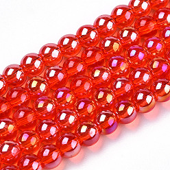 Red Electroplate Transparent Glass Beads Strands, AB Color Plated, Round, Red, 4~4.5mm, Hole: 0.8mm, about 97~99pcs/strand, 14.76 inch~14.96 inch(37.5~38cm)