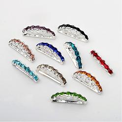 Silver Half Moon Brass Rhinestone Bridge Spacers, 3-Hole, Silver Color Plated, 8x19x4mm, Hole: 1~1.5mm