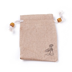 Bisque Burlap Packing Pouches, Drawstring Bags, with Wood Beads, Bisque, 14.6~14.8x10.2~10.3cm