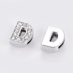 Letter D Alloy Initial Slide Charms with Grade A Rhinestones, Lead Free & Nickel Free, Platinum, Letter.D, 12.5x9.5x4.5mm, Hole: 8x2mm