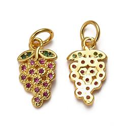 Golden Autumn Theme Brass Micro Pave Cubic Zirconia Charms, with Jump Rings, Long-Lasting Plated, Grape, Golden, 14x8x2mm, Hole: 1.2mm