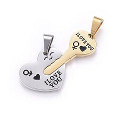 Golden & Stainless Steel Color 304 Stainless Steel Split Pendants, with Enamel, Heart with Key, with Word, Golden & Stainless Steel Color, 20x41.5x2mm, Hole: 10x5mm, One Side: 20x24x2mm, Hole: 10x5mm, Another Side: 31x13.5x2mm, Hole: 10x5mm