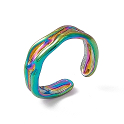 Rainbow Color Ion Plating(IP) 304 Stainless Steel Twist Wave Open Cuff Ring for Women, Rainbow Color, US Size 7(17.3mm)