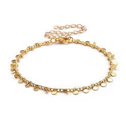 Golden Brass Flat Round Charm Bracelets, with Curb Chains and 304 Stainless Steel Lobster Claw Clasps, Golden, 7-1/2 inch(19.1cm)