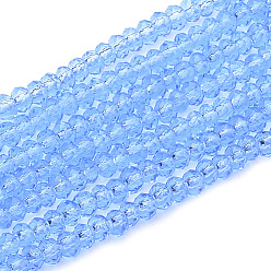 Cornflower Blue Transparent Glass Beads Strands, Faceted, Rondelle, Cornflower Blue, 2.5~3.1x1.5~2.2mm, Hole: 0.5mm, about 165~170pcs/strand, 16~17.5 inch