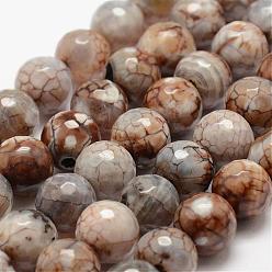 Kaki Brins de perles d'agate craquelée de feu naturel à facettes, ronde, teints et chauffée, kaki, 12mm, Trou: 1.5mm, Environ 30~32 pcs/chapelet, 14 pouce (35.6 cm)