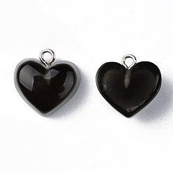Black Transparent Resin Pendants, with Platinum Tone Iron Loop, Heart, Black, 16.5x17x9.5mm, Hole: 1.8mm