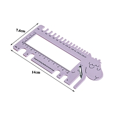 Lila Medidor de plástico abs con forma de oveja para agujas de tejer y ganchos de crochet, con cortador de hilo, lila, 140x76x2.5 mm
