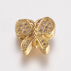 Golden Brass Micro Pave Cubic Zirconia Beads, Butterfly, Clear, Golden, 10x11x4.5mm, Hole: 1mm
