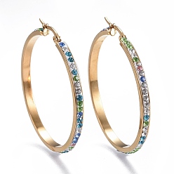 Golden 201 Stainless Steel Hoop Earrings, with Rhinestone, Ring, Golden, 46.5x45.5x3.1mm, Pin: 0.8mm
