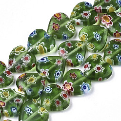 Medium Sea Green Handmade Millefiori Lampwork Beads Strands, Heart, Medium Sea Green, 11~12x12x4~5mm, Hole: 1mm, about 32~33pcs/strand, 12.72 inch~13.78 inch(32.3~35cm)
