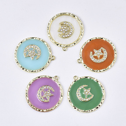 Mixed Color Epoxy Resin Pendants, with Crystal Rhinestone and Light Gold Plated Alloy Open Back Bezel, Flat Round with Star and Moon, Mixed Color, 36x32.5x2.5mm, Hole: 1.6mm