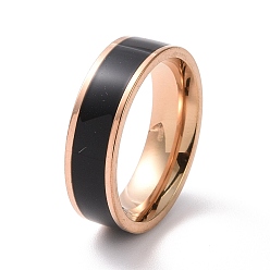 Black Enamel Grooved Line Finger Ring, Rose Gold 201 Stainless Steel Jewelry for Women, Black, Inner Diameter: 17mm