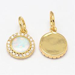 Golden Brass Micro Pave Cubic Zirconia Charms, with Synthetic Opal, Flat Round, Golden, 12x9.5x2mm, Hole: 4mm