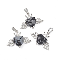 Obsidiana Copo de Nieve Copo de nieve colgantes naturales de obsidiana, dijes de corazón con alas y corona, con fornituras de diamantes de imitación de cristal de latón en tono platino, 26x35.5x8 mm, agujero: 8x5 mm