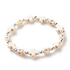 Blanc Bracelet extensible en perles de turquoise synthétique (teint) avec croix et tête de mort, bijoux de pierres précieuses d'halloween pour les enfants, blanc, diamètre intérieur: 1-7/8 pouce (4.8 cm)