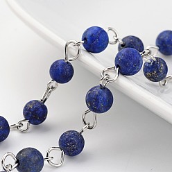 Lapis Lazuli Handmade Chains, Natural Lapis Lazuli Round Beaded Chains, Unwelded, with Brass Eye Pin, Silver Color Plated, 39.3 inch