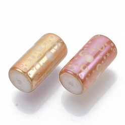 Sandy Brown Electroplate Glass Beads, Column with Dot and Star Pattern, Sandy Brown, 20x10mm, Hole: 1.2mm, about 50pcs/bag