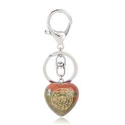 Unakite Coeur unakite naturel avec porte-clés oeil d'horus, Porte-clés en pierre d'énergie reiki, pour sac, bijoux, décoration cadeau, 9.5x3 cm