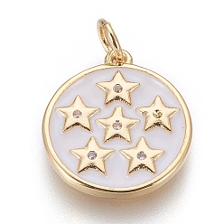 Golden Brass Enamel Pendants, with Cubic Zirconia, Flat Round with Star, White, Golden, 17x15x2mm, Hole: 3.5mm
