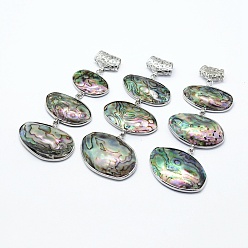 Paua Shell Brass Abalone Shell Oval Big Pendants, with Scarf Bail Beads, Undyed, 71~92x30~35x8.5mm, Hole: 4x6mm