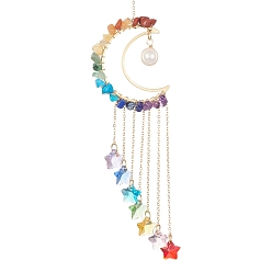 Coloré Décoration pendentif étoile en verre et perle naturelle, attrape-soleil suspendus, avec des copeaux de laiton et de pierres précieuses et des chaînes forçat, colorées, 230x44~45 mm.