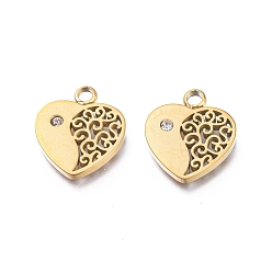 Golden Ion Plating(IP) 304 Stainless Steel Charms, Manual Polishing, with Crystal Rhinestone, Heart, Golden, 12.5x11x1.5mm, Hole: 1.8mm